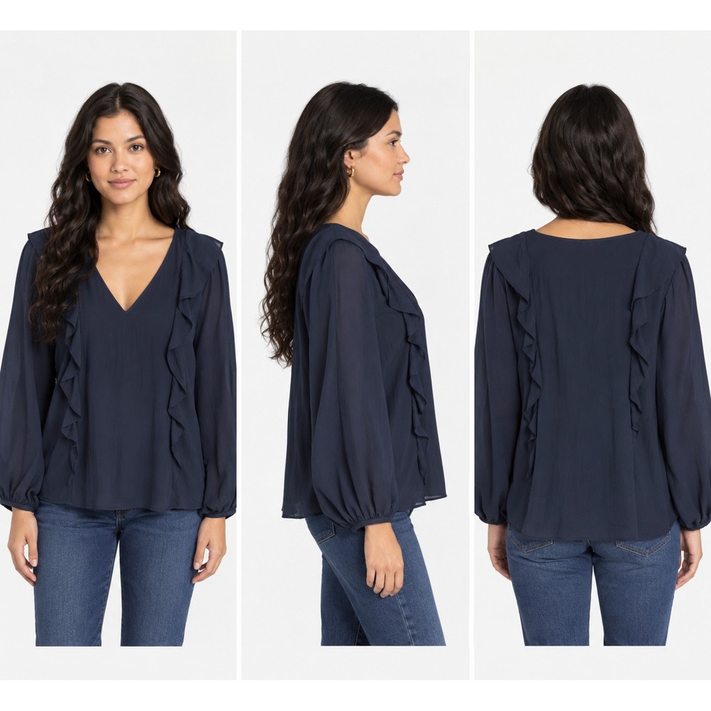 Banana Republic Ela Flounce Blouse Top Womens XL Navy Blue V-Neck Ruffle Detail